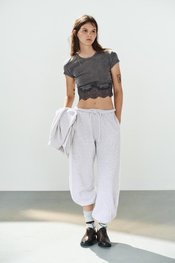 CROPPED LACE T-SHIRT - Grey by Zara - Image 0