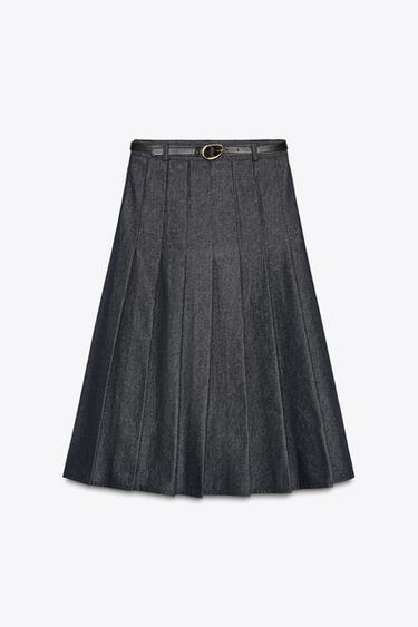 Z1975 DENIM MIDI PLEATED SKIRT WITH BELT - Blue by Zara