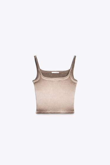 CROPPED RIBBED T-SHIRT - Brown / Taupe by Zara