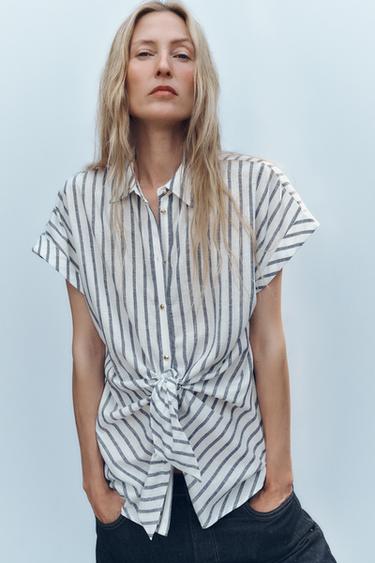STRIPED KNOTTED LINEN BLEND SHIRT - Blue/White by Zara