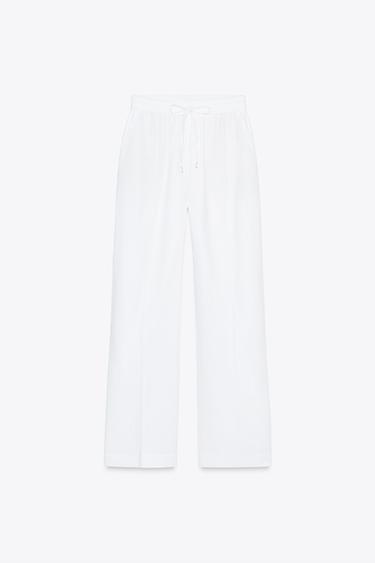 LINEN BLEND STRAIGHT TROUSERS - Oyster-white by Zara