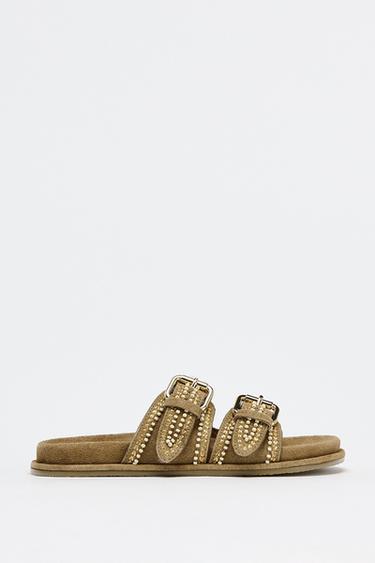 EMBROIDERED FLAT SPLIT SUEDE SANDALS - Sand Brown by Zara