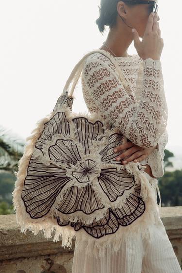 FLORAL EMBROIDERED MAXI TOTE BAG - Brown by Zara - Image 0