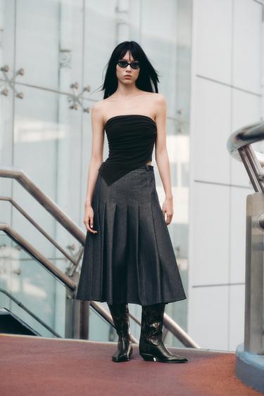 Z1975 DENIM MIDI PLEATED SKIRT WITH BELT - Blue by Zara