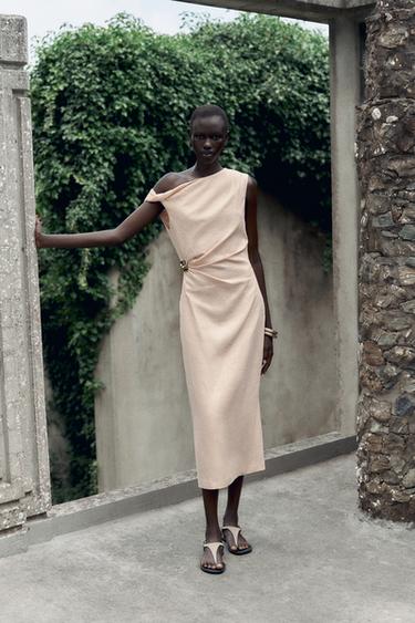 ASYMMETRIC MIDI DRESS WITH LINEN BLEND APPLIQUÉ - Peach by Zara