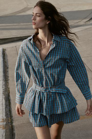 SHORT CHECKED DRESS WITH BELT AND RUFFLES - Brown-Blue by Zara - Image 0