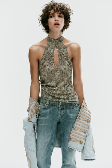 BEADED HALTER TOP - Dark khaki by Zara