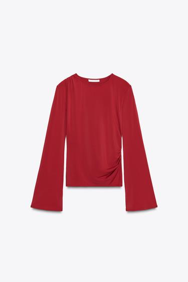 LONG SLEEVE GATHERED T-SHIRT - Burgundy by Zara
