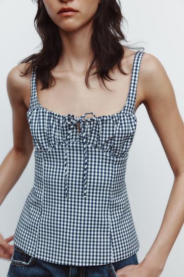 GINGHAM STRETCH TOP - Blue/White by Zara