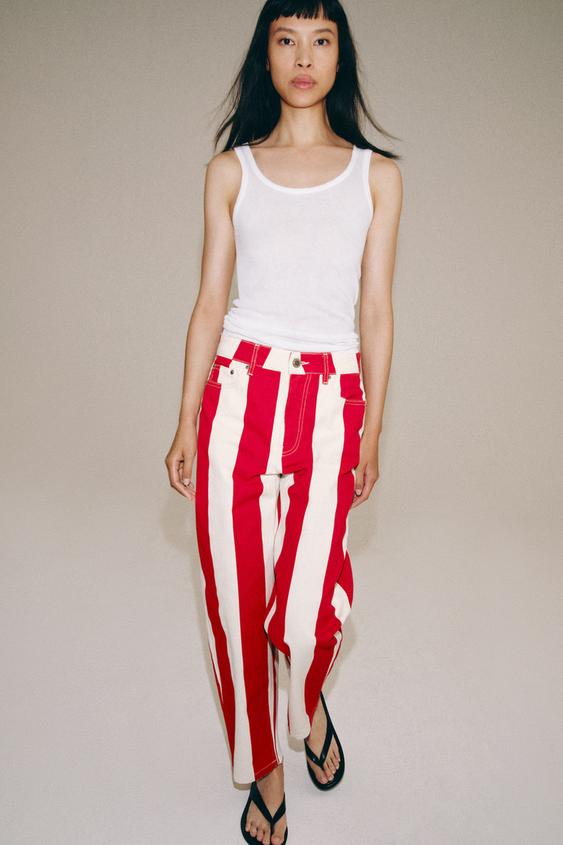ZW COLLECTION TAPERED MID-WAIST STRIPED JEANS - Red Stripe by Zara - Image 0