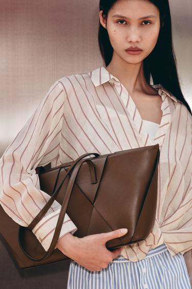 WOVEN ELONGATED TOTE BAG - Dark tan by Zara
