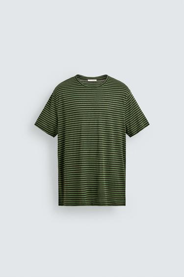 REGULAR FIT STRIPED LINEN BLEND T-SHIRT - Brown / Green by Zara