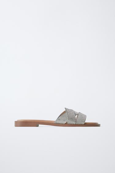 FLAT SLIDER SANDALS WITH RHINESTONE STRAPS - Silver by Zara