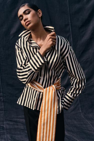 CONTRAST BELT STRIPED SHIRT - Ecru / Black by Zara