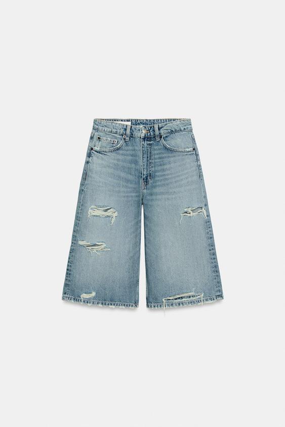 TRF MID-WAIST RIPPED DENIM JORTS - Blue by Zara - Image 0