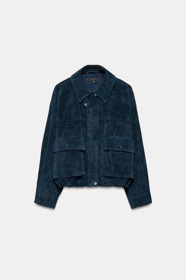 100% LEATHER BOMBER JACKET - Navy blue by Zara