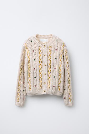 EMBROIDERED CABLE-KNIT CARDIGAN - Mid-ecru by Zara