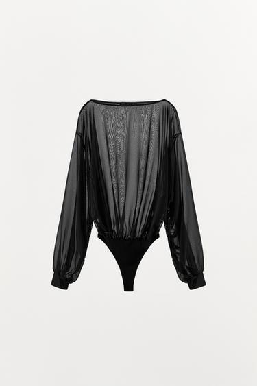 SEMI-SHEER LONG SLEEVE BODYSUIT - Black by Zara