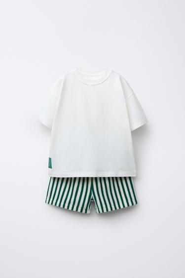 STRIPED TOWELLING T-SHIRT AND BERMUDA SHORTS SET - Green / Ecru by Zara