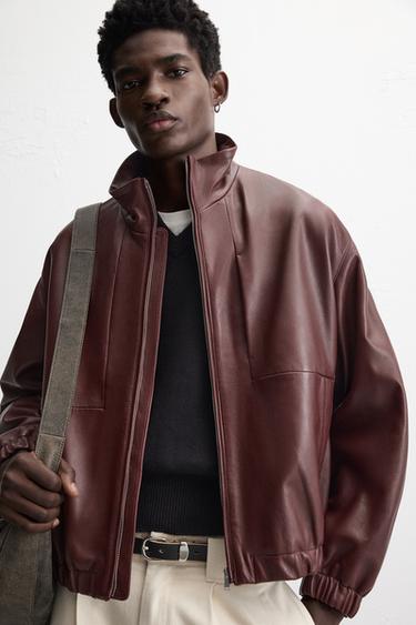 RELAXED FIT LEATHER JACKET - Burgundy by Zara