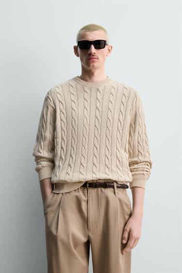 COTTON BLEND CABLE-KNIT JUMPER - Light beige by Zara