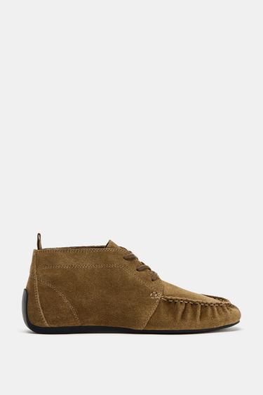 RUCHED SPLIT SUEDE ANKLE BOOTS - Olive Green by Zara