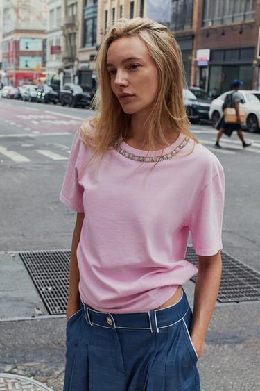 WASHED-EFFECT JEWEL T-SHIRT - Pink by Zara