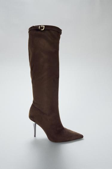 BUCKLED HIGH-HEEL BOOTS - Chocolate Brown by Zara