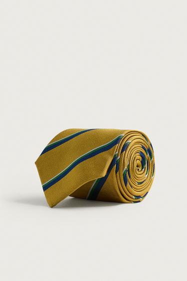 100% SILK STRIPED TIE - Mustard by Zara