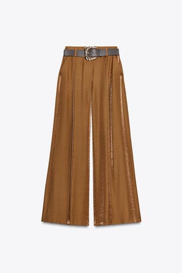 WIDE SATIN TROUSERS WITH BELT - Caramel by Zara