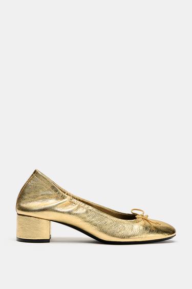 METALLIC EFFECT LEATHER HEELLED BALLET FLATS - Golden by Zara