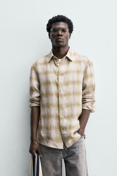 CHECKED LINEN BLEND SHIRT - Ecru/Yellow by Zara