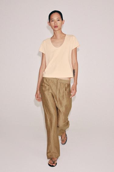 LINEN BLEND TROUSERS ZW COLLECTION - Mid-camel by Zara