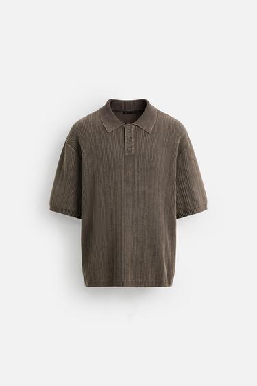 WASHED TEXTURED KNIT POLO SHIRT - Chocolate by Zara