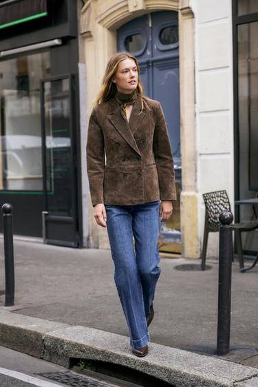 100% LEATHER DOUBLE-BREASTED BLAZER - Khaki by Zara