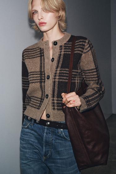 CHECK KNIT CARDIGAN - mink brown by Zara