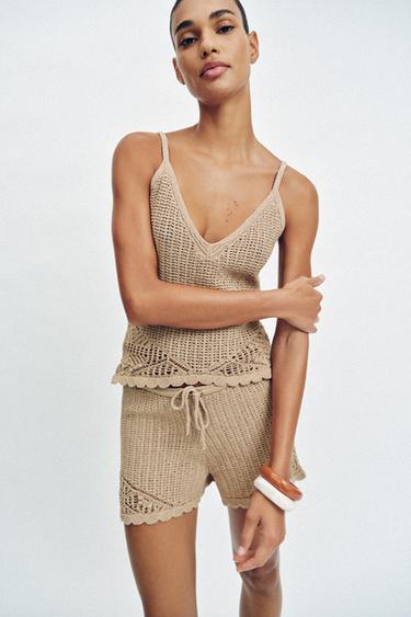 POINTELLE KNIT STRAPPY TOP - camel by Zara