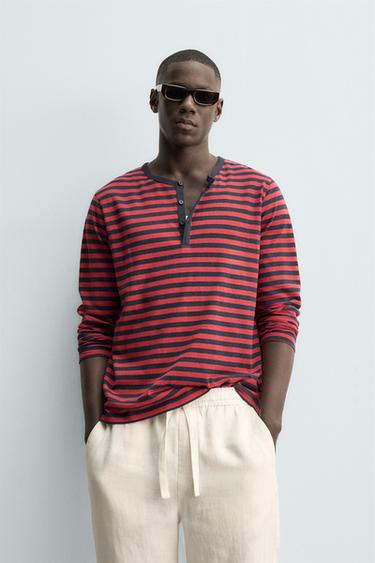 STRIPED LINEN - COTTON HENLEY T-SHIRT - red/navy by Zara
