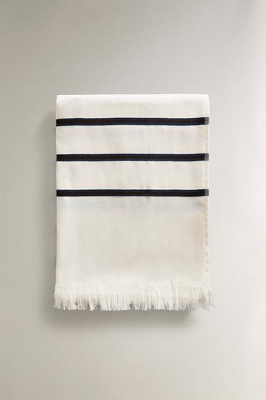 STRIPED COTTON BEACH TOWEL - Ecru / Navy by Zara