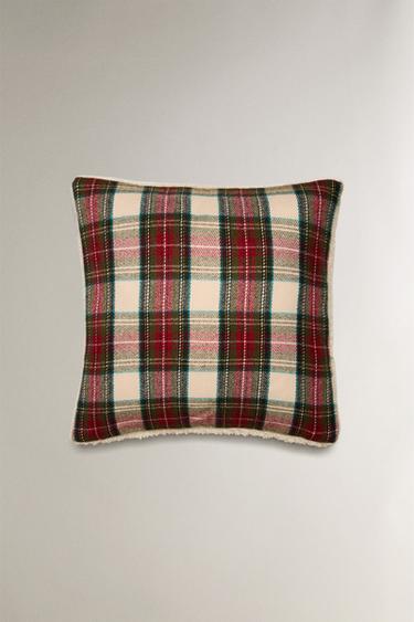 CHRISTMAS TARTAN CUSHION COVER - Ecru / Red by Zara
