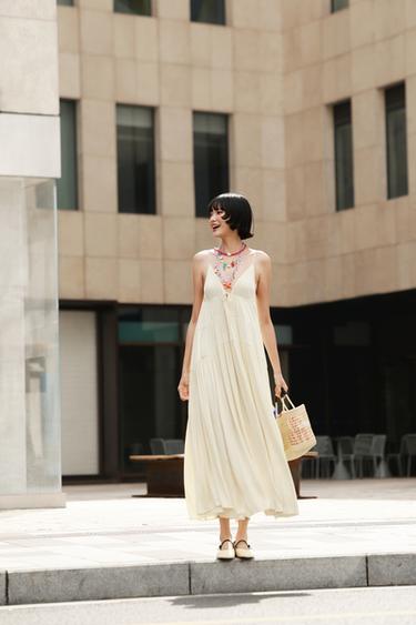 GATHERED SATIN LONG DRESS - Light yellow by Zara