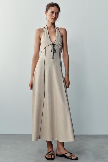 LINEN BLEND DRESS WITH CONTRAST TRIMS - Light beige by Zara
