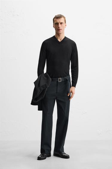 LIMITED EDITION STRAIGHT-LEG TROUSERS WITH BELT - Navy blue by Zara - Image 0