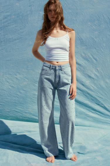 TRF CURVED RHINESTONE HIGH-WAIST JEANS - Light blue by Zara - Image 0