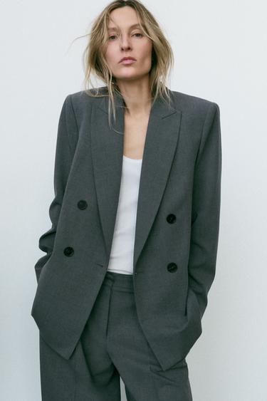DOUBLE-BREASTED BLAZER WITH SHOULDER PADS - Mid-grey by Zara