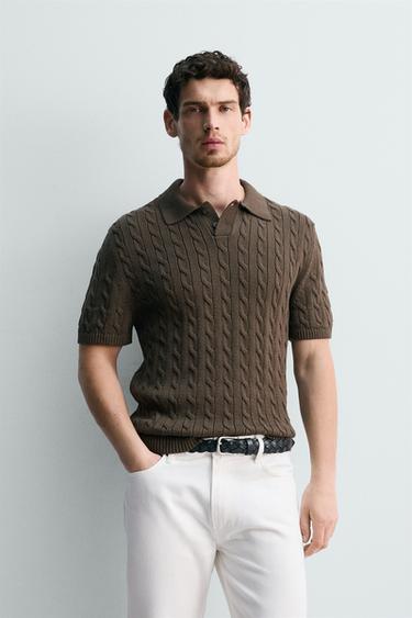 BRAIDED TEXTURED KNIT POLO SHIRT - Chocolate by Zara