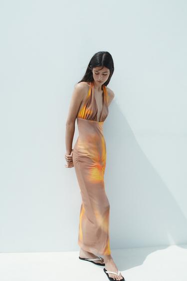 PRINTED TULLE HALTER MIDI DRESS - Khaki by Zara - Image 0
