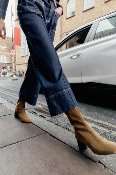 SPLIT SUEDE BLOCK HEEL ANKLE BOOTS - Sand Brown by Zara - Image 0