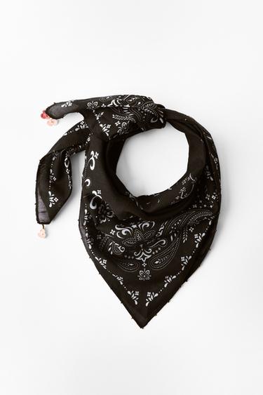 PAISLEY PRINT SCARF WITH FLORAL BEADING - Brown by Zara