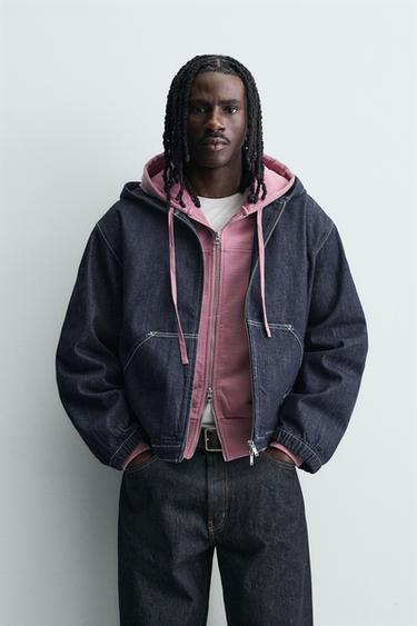 HOODED DENIM JACKET WITH TOPSTITCHING - Indigo by Zara